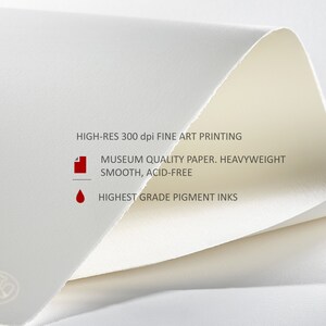 Puede incluir: Primer plano de una superficie de papel blanco texturizada con el texto "HIGH-RES 300 dpi FINE ART PRINTING MUSEUM QUALITY PAPER. HEAVYWEIGHT SMOOTH, ACID-FREE HIGHEST GRADE PIGMENT INKS".