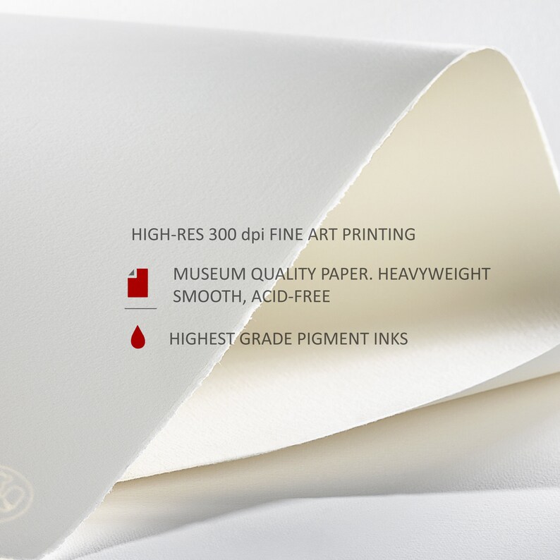 Puede incluir: Primer plano de una superficie de papel blanco texturizada con el texto "HIGH-RES 300 dpi FINE ART PRINTING MUSEUM QUALITY PAPER. HEAVYWEIGHT SMOOTH, ACID-FREE HIGHEST GRADE PIGMENT INKS".