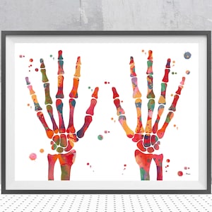 May include: A watercolor painting of two hands with the bones highlighted in colorful hues. The bones are painted in shades of red, orange, yellow, green, blue, and purple. The background is white with small, colorful dots.