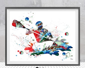 Kayaker Sport Print Whitewater Canoeing Watercolor Extreme Kayaking Poster Male Whitewater Kayaker in Rapids Water Sports Print Kayaker Gift