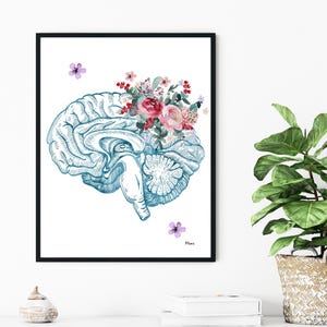 May include: Framed art print depicting a teal-coloured illustration of a human brain adorned with a floral arrangement. The flowers are in shades of pink, red, and green. Two small purple flowers are also present. The artwork is set against a white background.