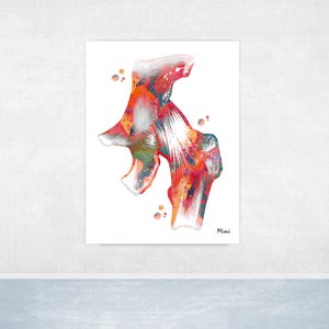 May include: Watercolor print of a joint, featuring a vibrant mix of red, orange, and green hues. The artwork has a white background and is signed "Mimi" in the lower right corner. The print is a unique piece of art.