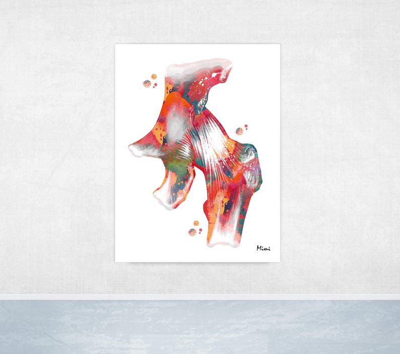 May include: Watercolor print of a joint, featuring a vibrant mix of red, orange, and green hues. The artwork has a white background and is signed "Mimi" in the lower right corner. The print is a unique piece of art.
