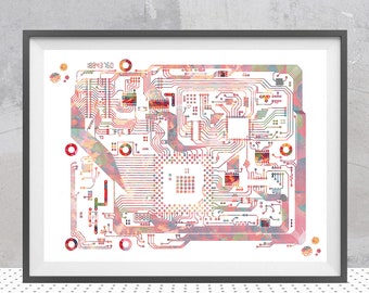 Circuit board science art watercolor computer science art electronics motherboard with chips poster