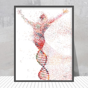 DNA Shaped Man Print Abstract Symbol Of DNA Watercolor Man Made Out Of Molecules Poster Science Print Biology Lab Decor Genetics Print