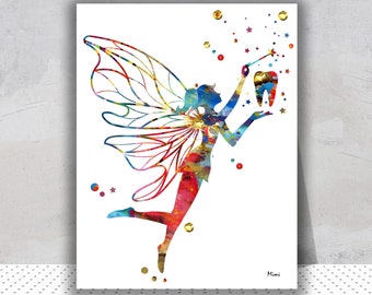 Tooth Fairy Print Pediatric Dentistry Watercolor Children Teeth Poster Oral Care Illustration Orthodontics Painting Dental Clinic Wall Art