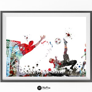 Puede incluir: Pintura de acuarela de dos jugadores de f&uacute;tbol en acci&oacute;n. Un jugador est&aacute; pateando el bal&oacute;n mientras que el otro jugador est&aacute; buceando para intentar salvar el gol. La pintura est&aacute; hecha en un estilo colorido con salpicaduras de rojo, azul, verde y amarillo.