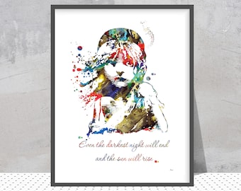 Les Miserables Cosette Quote watercolor Print Even the darkest night will end and the sun will rise Cosette Victor Hugo Poster art