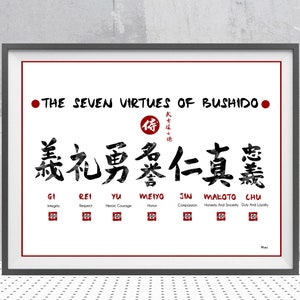 Les sept vertus du Bushido, impression aquarelle, affiche du code du Bushido, peinture des vertus du samouraï, impression du code du samouraï, affiche du symbole informatique éthique