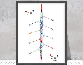 Eight Rowing Team Print Men's 8 Rowing Watercolor 8x Rowing Painting Oct 8+ Sculling Shell Poster Rowing Race Print Rowing Art Gift