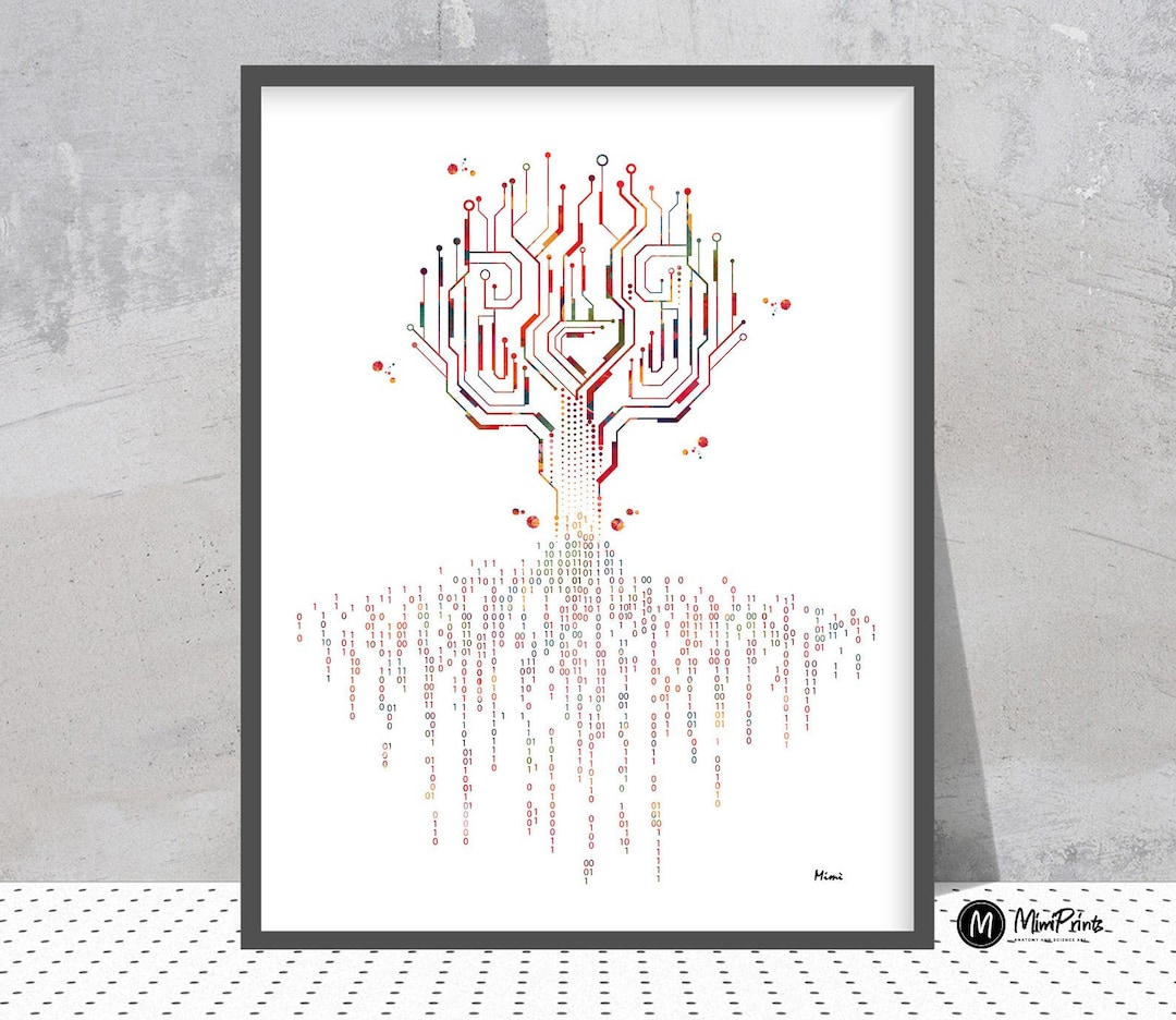 Abstract Tree With Binary Code Roots Watercolor Print Computer IT Print ...