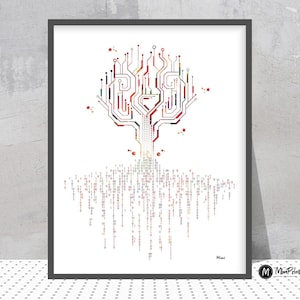 Abstract Tree With Binary Code Roots Watercolor Print Computer IT Print Green Tech Poster Big Data Symbol Technology Science Print