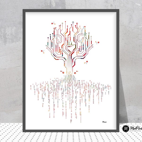 Abstract Tree With Binary Code Roots Watercolor Print Computer IT Print Green Tech Poster Big Data Symbol Technology Science Print