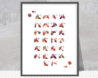 Sign Language Alphabet Art Print Audiology art BSL British Sign Language Poster BSL Manual Alphabet watercolor Fingerspelling Print