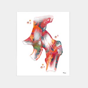May include: Watercolor print of a hip joint, featuring a vibrant mix of red, orange, and blue hues. The artwork showcases anatomical details with a splash of artistic flair. Small, speckled accents add visual interest. Signed "Mimi".