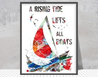 A rising tide lifts all boats print, A rising tide quote watercolor print, JFK speech illustration economics metaphor quote print