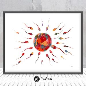 Sperm cells watercolor print, sperm cells poster, sperm cells illustration, spermatozoa floating to ovum poster biology genetics art