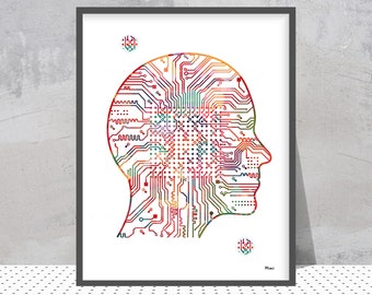 Artificial Intelligence watercolor print Artificial Brain poster computer art neural net AI print Information Technology art wall art gift