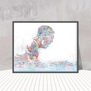 Peut inclure: Une impression d'art encadrée présentant une illustration en style pointilliste d'une personne de profil, composée de nombreuses petites taches multicolores dans des tons de bleu, rouge, vert et jaune, avec la signature Mimi en bas à droite.