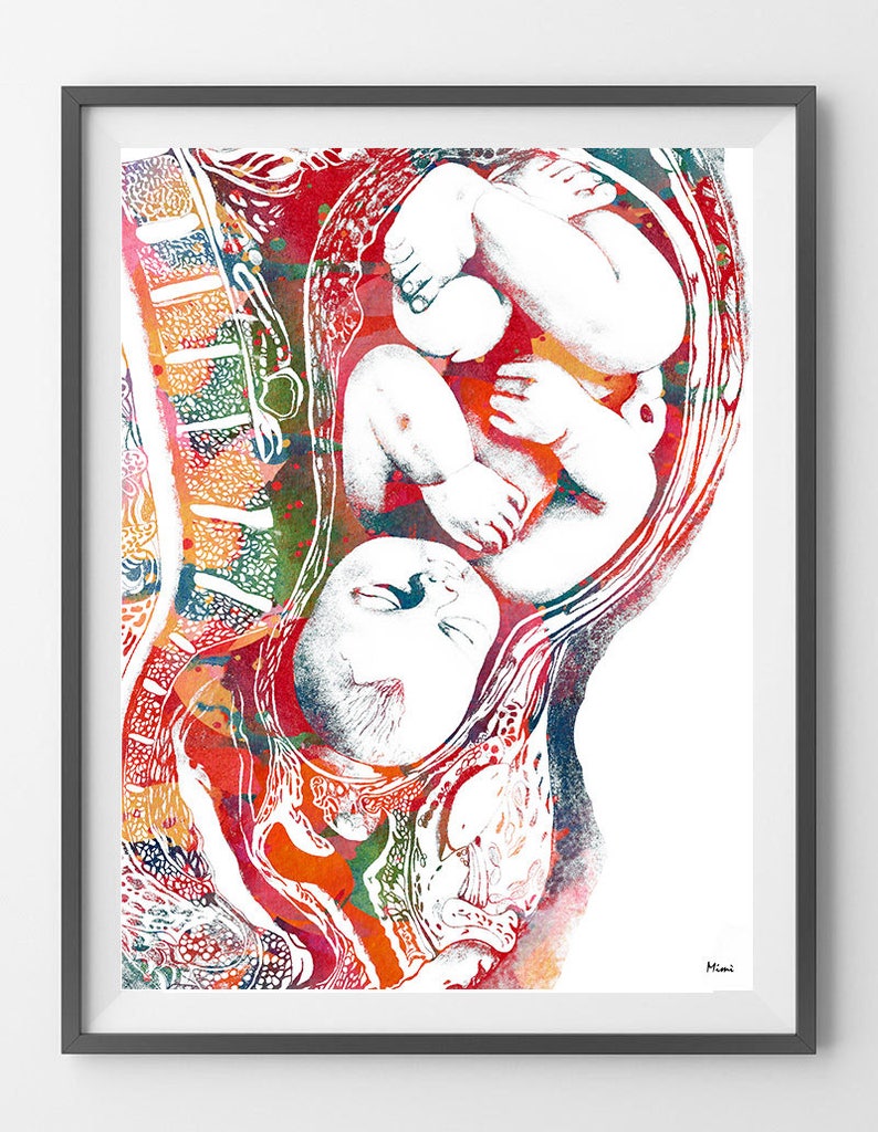 Pregnancy watercolor print full term baby in womb poster image 0