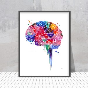 Brain watercolor print anatomy art brain lateral view poster lobes of the cerebral cortex abstract medical art neurology art wall decor gift