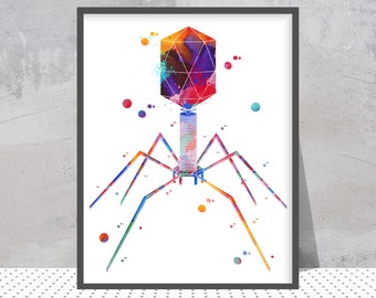 Watercolor Bacteriophage Bacterial Virus | Cytology Art | Clinic Lab Decor | Immunologist Gift