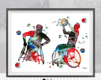 Wheelchair Basketball Players Watercolor Print Disabled Basketball Team-Mates During a Match Paralympics Basketball Gift Personalized Art