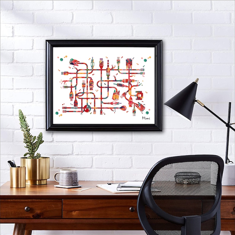 Computer Network Science Art Print Plugs and Wires Watercolor Poster PC ...