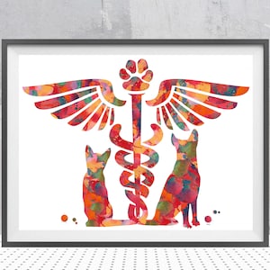 Dierenkliniek symbool aquarel print veterinaire caduceus met kat en hond illustratie veterinaire kunst print muur decor cadeau