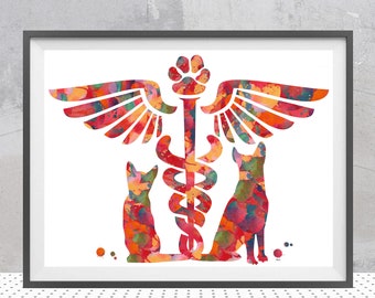 Veterinary Clinic Symbol Watercolor Print Veterinary Caduceus With Cat and Dog Illustration Veterinary Art Print Wall Decor Gift