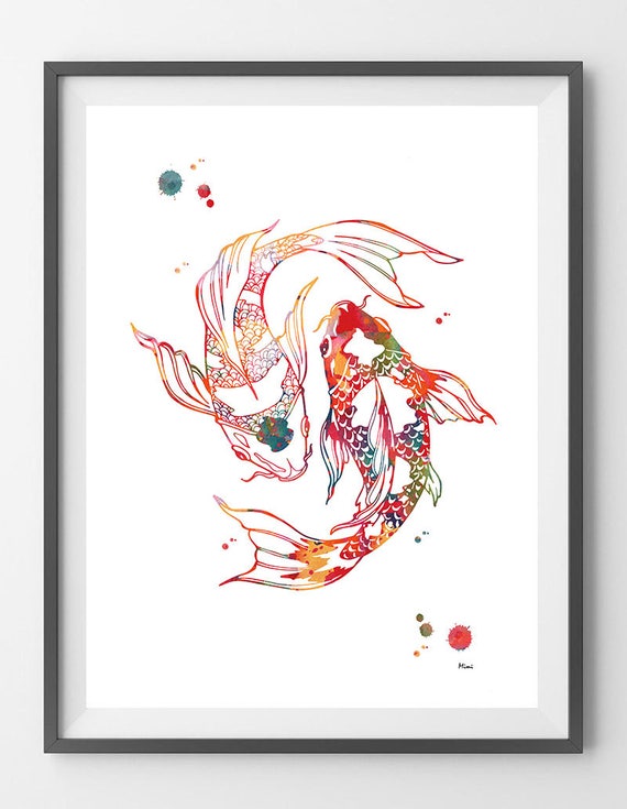 Koi Fish Watercolor Print Yin Yang Koi Fishes Poster Chinese Etsy