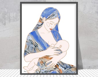 May include: A framed art print featuring a mother breastfeeding her baby. The artwork depicts a woman with blue hair and a blue patterned dress, cradling a baby. The illustration has a minimalist style with gold outlines and a white background.