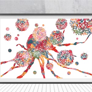 T-cells watercolor print T-lymphocytes poster Immune System Cells Print T-lymphocytes attacking cancer print anatomy art T-cells treatment