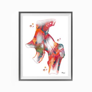 May include: A framed watercolor print of a hip joint, showcasing a vibrant mix of red, orange, and green hues. The artwork features anatomical details with a white background and a dark gray frame. Signed by Mimi.