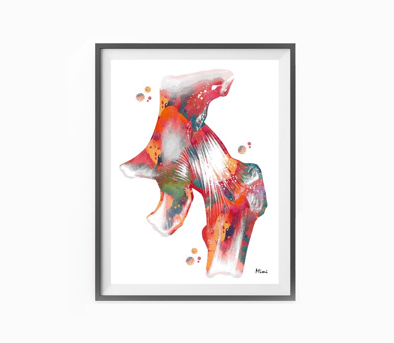 May include: A framed watercolor print of a hip joint, showcasing a vibrant mix of red, orange, and green hues. The artwork features anatomical details with a white background and a dark gray frame. Signed by Mimi.