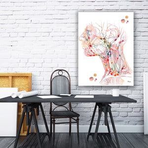 May include: A watercolor illustration of the human head and neck, showing the intricate network of veins and arteries. The illustration is done in shades of red, orange, and yellow, with a white background.