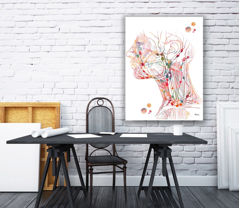 May include: A watercolor illustration of the human head and neck, showing the intricate network of veins and arteries. The illustration is done in shades of red, orange, and yellow, with a white background.