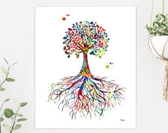May include: A vertical rectangular art print featuring a watercolor-style tree with a vibrant, multi-colored canopy and intricate, sprawling roots. The tree is composed of various hues including red, blue, yellow, and green. The word Mimi is printed in the bottom right corner.