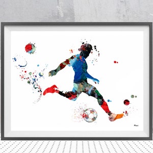 Soccer Player Watercolor Print Football Soccer Player Dribbling The Ball and Taking A Shot At The Goal Soccer Personalized Art Add A Name