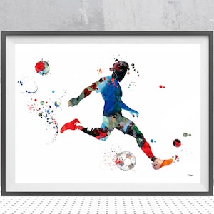 Fußballspieler Aquarell Druck Fußball Fußballspieler dribbelt den Ball und nimmt einen Schuss auf den Ziel Fußball personalisierte Kunst fügen Sie einen Namen hinzu