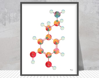 Dopamine Molecule Watercolor Print, Science Art, Medical Wall Decor