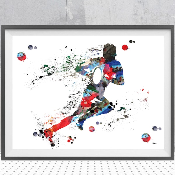 Impression aquarelle de joueur de rugby, affiche d'art sportif, joueur de rugby qui court avec un ballon, impression de peinture, rugby, cadeau d'art personnalisé, ajoutez un nom