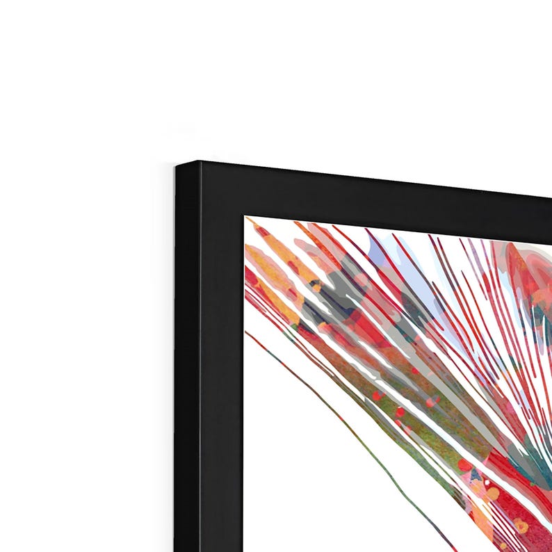 May include: Abstract art print in a black frame. The artwork features a colorful, dynamic composition with red, orange, and blue brushstrokes against a white background. The framed art piece is a modern home decor item.