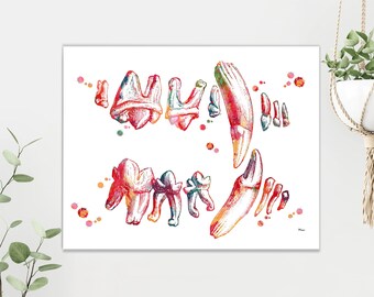 May include: A watercolor-style art print featuring a detailed anatomical illustration of a set of teeth. The teeth are rendered in vibrant shades of red, orange, yellow, blue, and green, with scattered paint splatters across the white background.