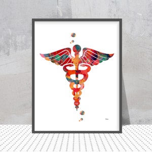 Medicine symbol Caduceus watercolor print caduceus poster, medical art symbol, anatomy art, wall decor gift, caduceus print