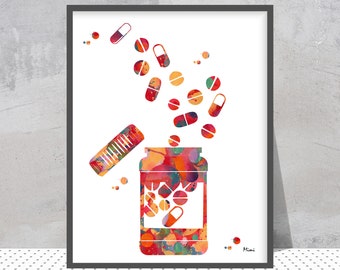 Pill Containers Pharmacy Print Colorful Pharmacy Bottle Watercolor Poster Pharmacy Art Pharmacyst Art Gift Pharmacy Office Wall Decor