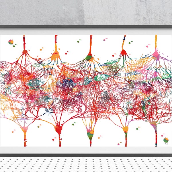 Cortical Neurons Art Print Connections Between Pyramidal Neurons Watercolor Brain Art Cerebral tissues Anatomy Neocortex Illustration