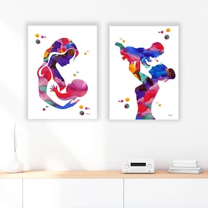Conjunto de 2 impresiones de madre con bebé, arte de maternidad, acuarelas de obstetricia y ginecología, pósteres de embarazo, nacimiento y nacimiento.