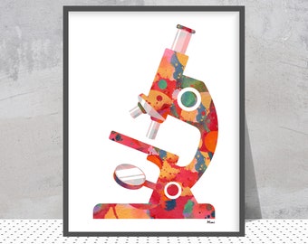 Microscope Watercolor Print, Colorful Art for Scientists, Biology Lab Decor