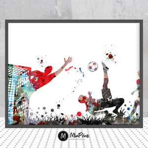 Fußballspiel Aquarell Druck Poster Fußballspieler schießt den Ball auf das Tor Illustration Sport Geschenk